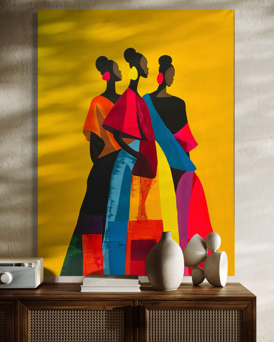 Original Handmade Acrylic Canvas Painting, Colorful Three Women Wall Art, Modern Home Decor